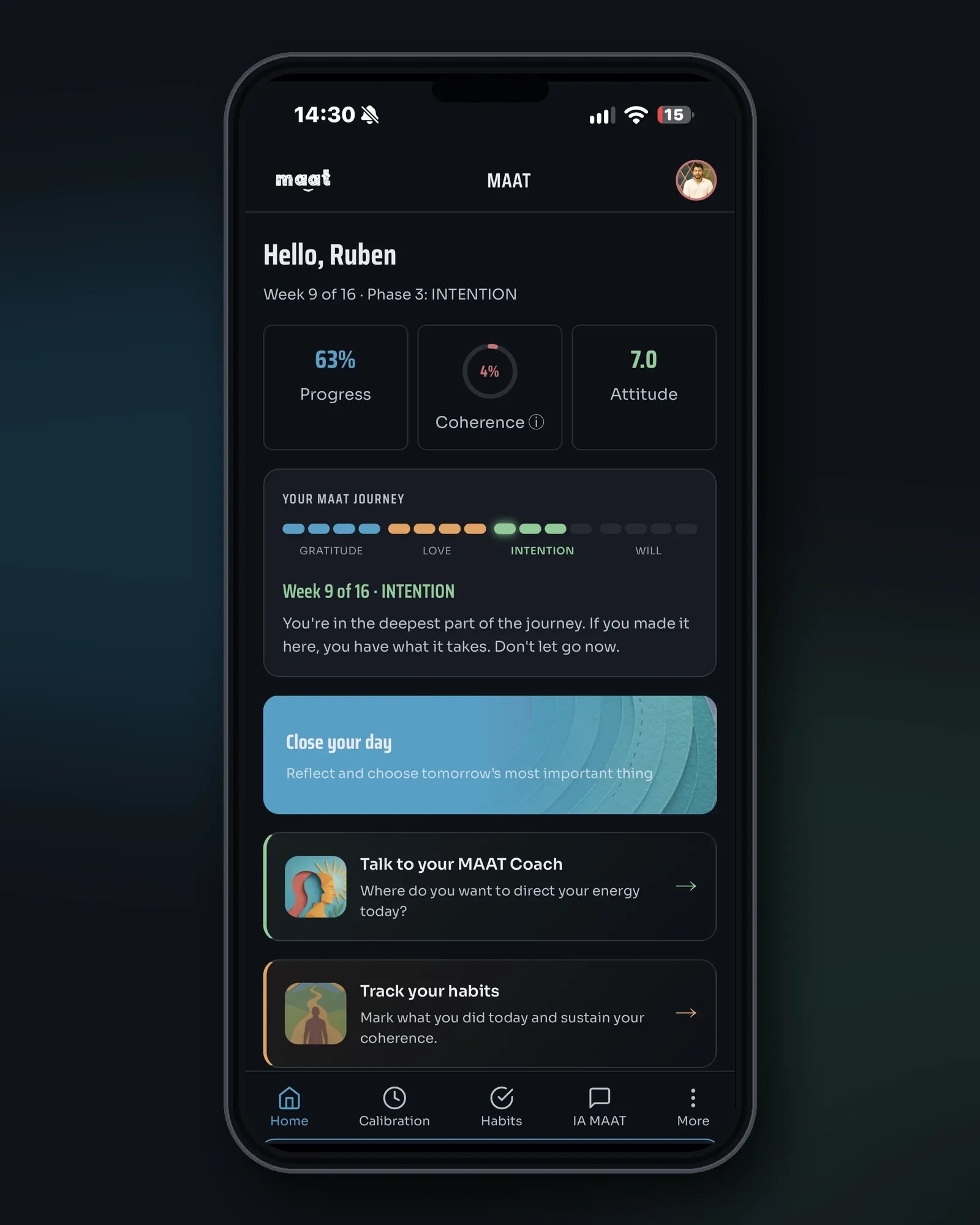 La app MAAT en un teléfono, con el progreso de la semana