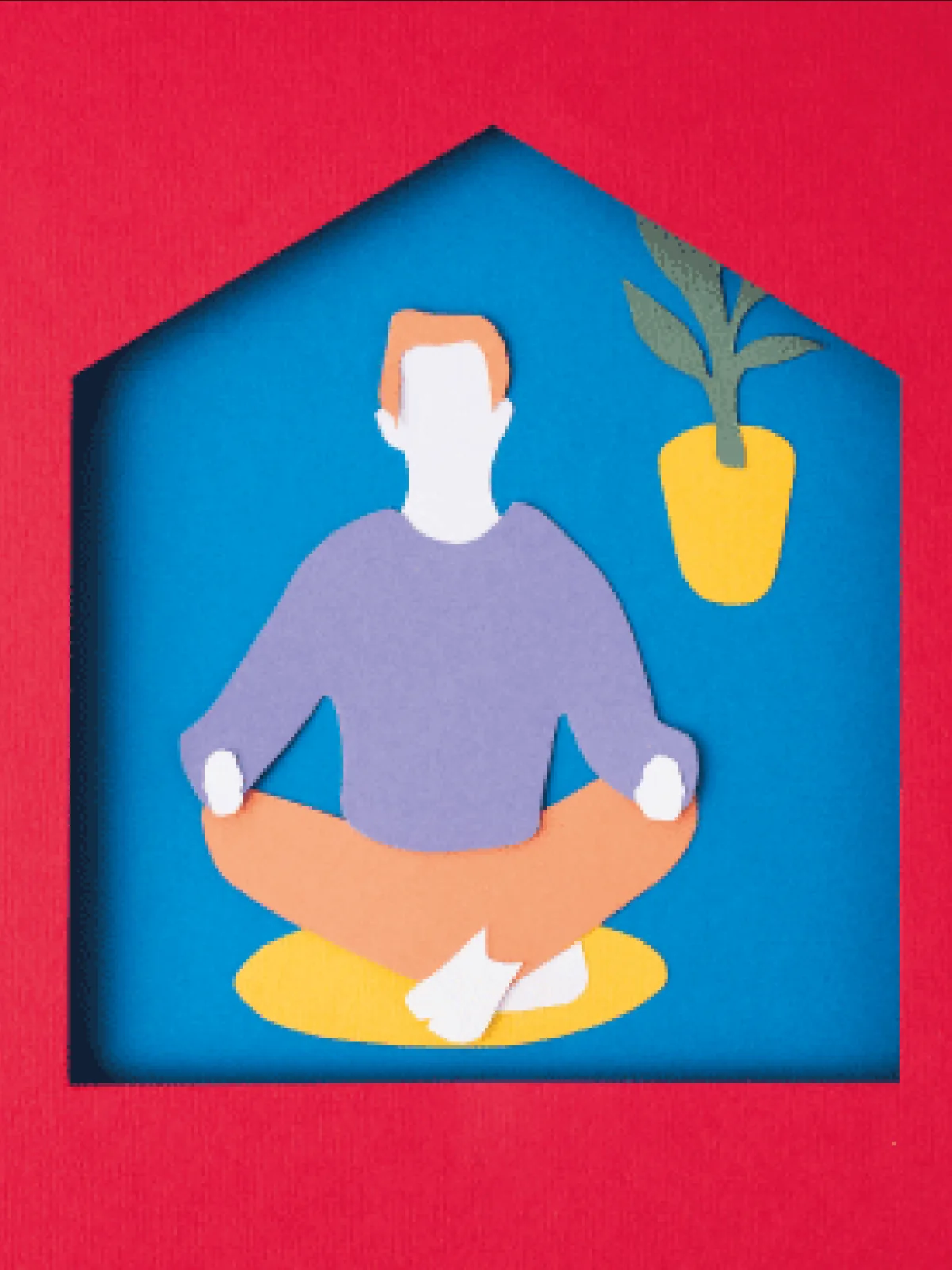 Paper-cut illustration: a person meditating at home, at peace with what they already have