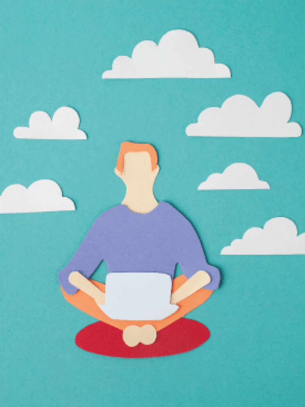 Paper-cut illustration: a person with a laptop among the clouds, choosing where to go