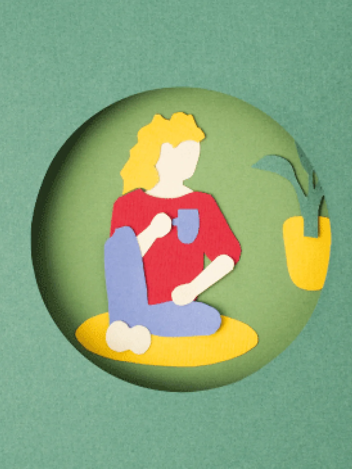 Paper-cut illustration: a person sitting with a cup, holding their practice