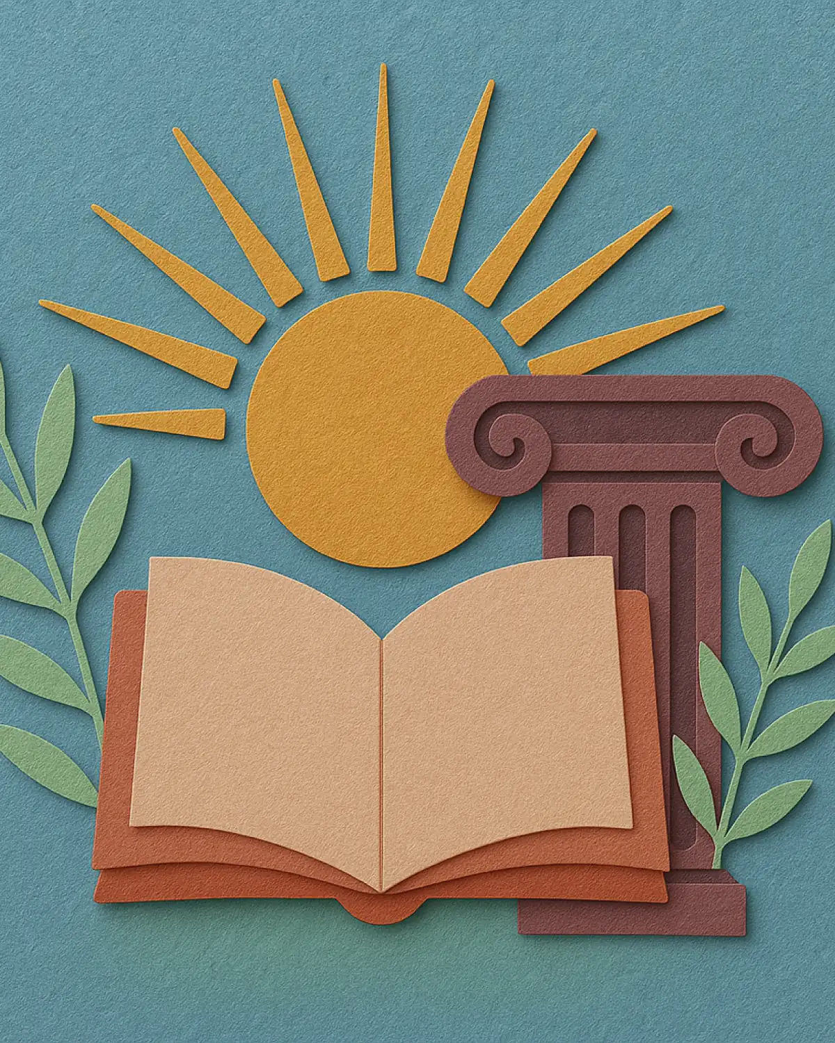 Paper-cut illustration: an open book, a classical column and a sun, Stoicism
