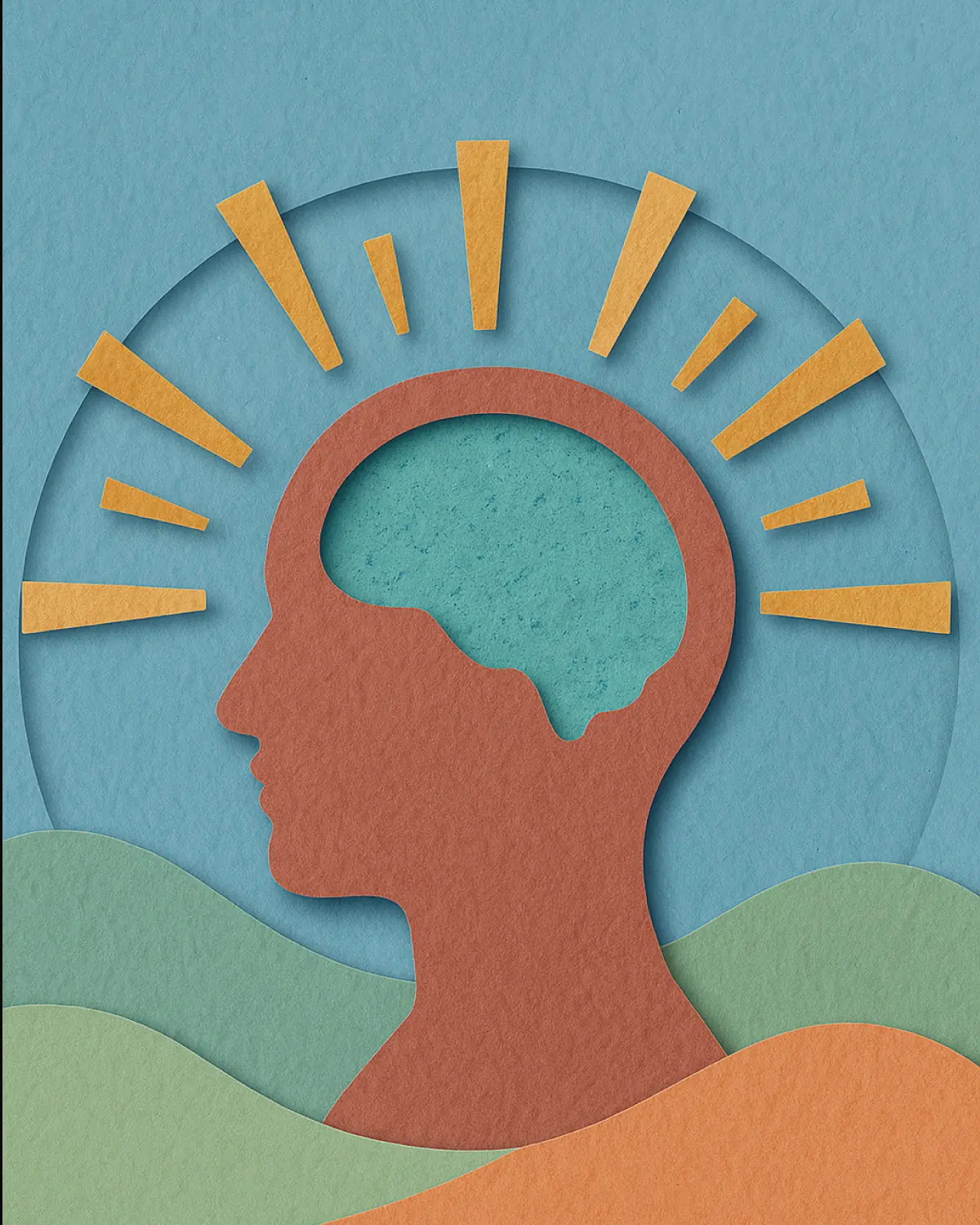 Paper-cut illustration: a head in profile with a glowing brain, neuroscience