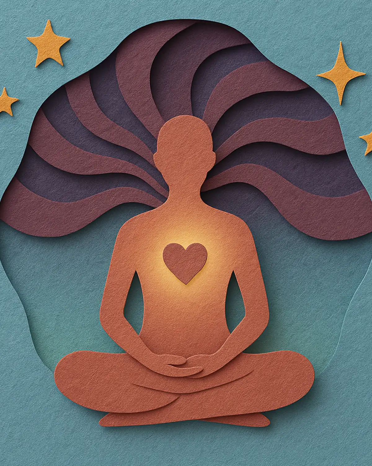 Paper-cut illustration: a person meditating with a glowing heart, metacognition