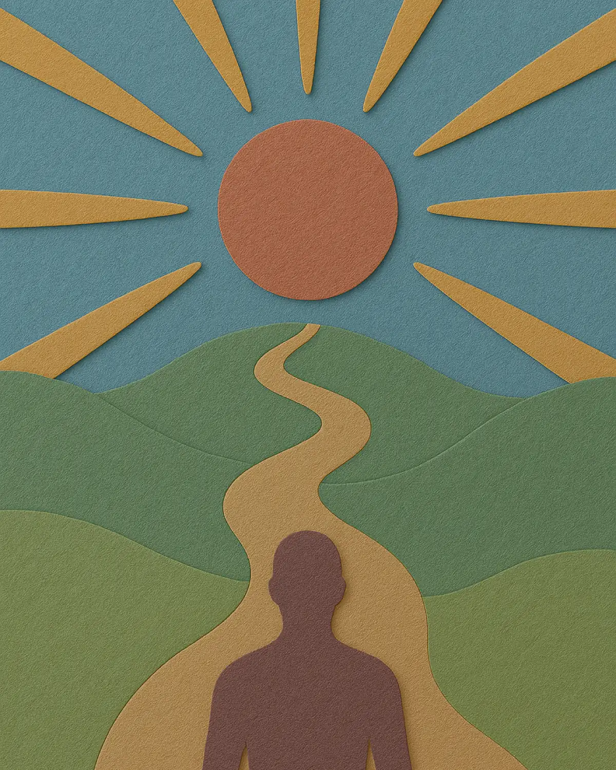 Paper-cut illustration: a path rising toward the sun, spirituality